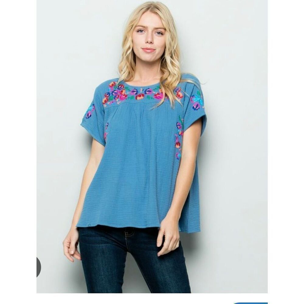 See and Be Seen Blue Gauzy Embroidered Boho Top sz S NWOT